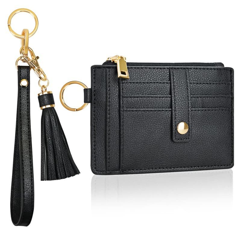 New Genuine Leather Lychee Pattern Card Holder with Lanyard, Ultra-Thin Leather ID Card Holder, Anti-Theft Brush for Men and Women