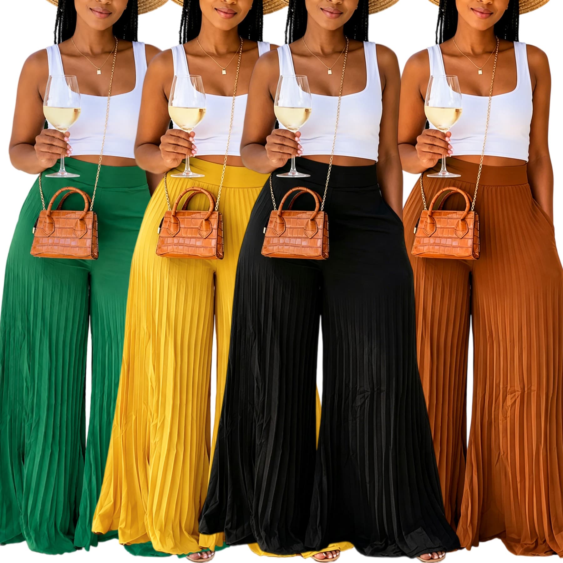 HN108 Cross-border European and American Women's Summer Solid Pleated Wide-leg Long Pants High-waist Draped Loose Vacation Pants