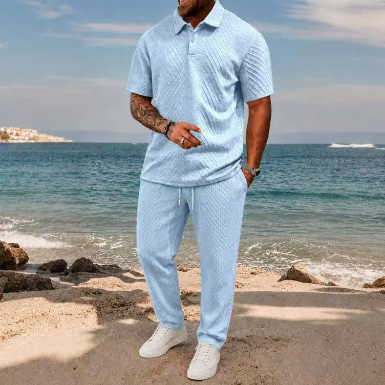 Cross-border new shirt jacquard short-sleeved men's T-shirt sports suit summer lapel polo shirt quick-drying two-piece set