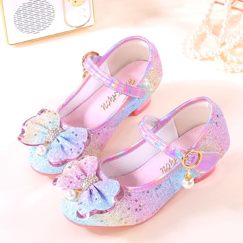 2025 New Style Girls' Leather Shoes, Princess Style, Fashionable Korean Style, High Heels, Colorful Sequins, Girls' High Heel Leather Shoes