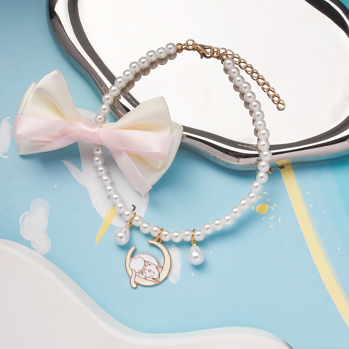 Cross-border Pet Imitation Pearl Dog Bow Necklace Princess Style Double Layer Bow Pendant Birthday Cat Puppy Necklace
