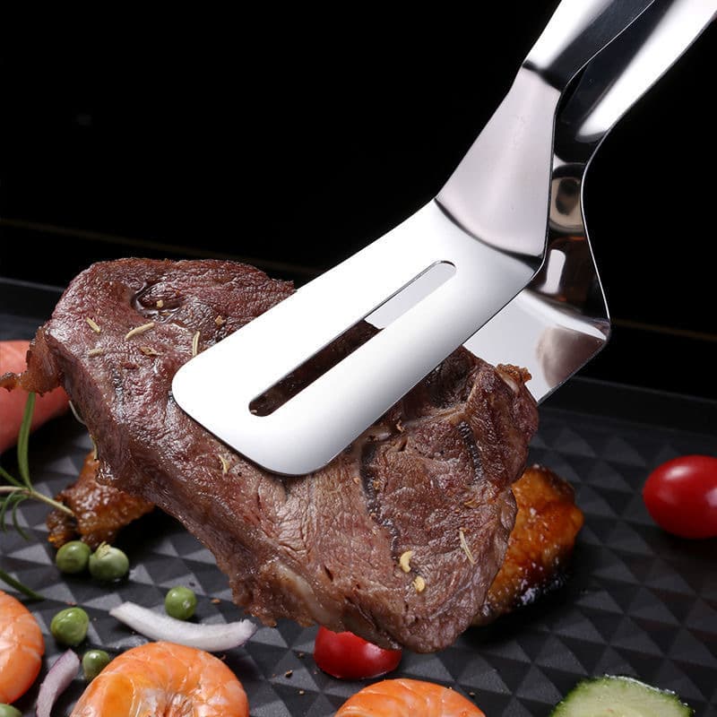 304 Stainless Steel Steak Spatula, BBQ Meat Tongs, Fish Grilling Tongs, Food Tongs, Kitchen Bread and Pancake Tongs, Korean-style BBQ Fish Tongs