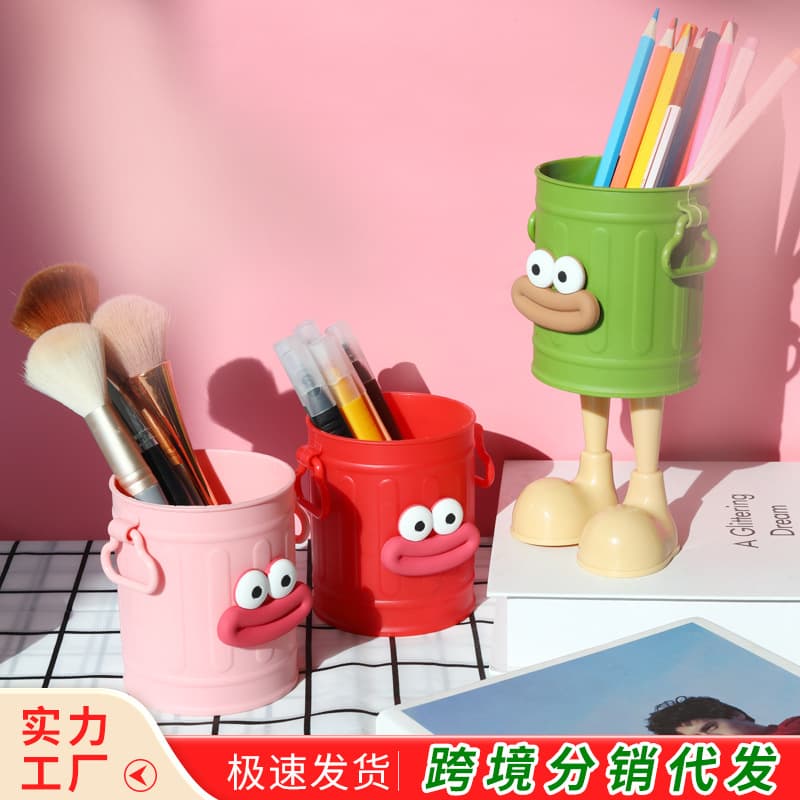 Plastic Pen Holder Ins Cute Quirky Creative American Retro Small Bucket Desktop Office Stationery Student Makeup Brush