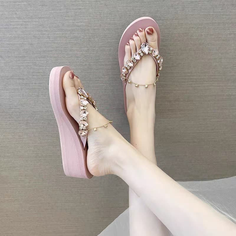 New Summer Women's Flip Flops with Sparkling Rhinestone Chain, Wedge Heel, Outdoor Thong Sandals, Casual Beach Slippers