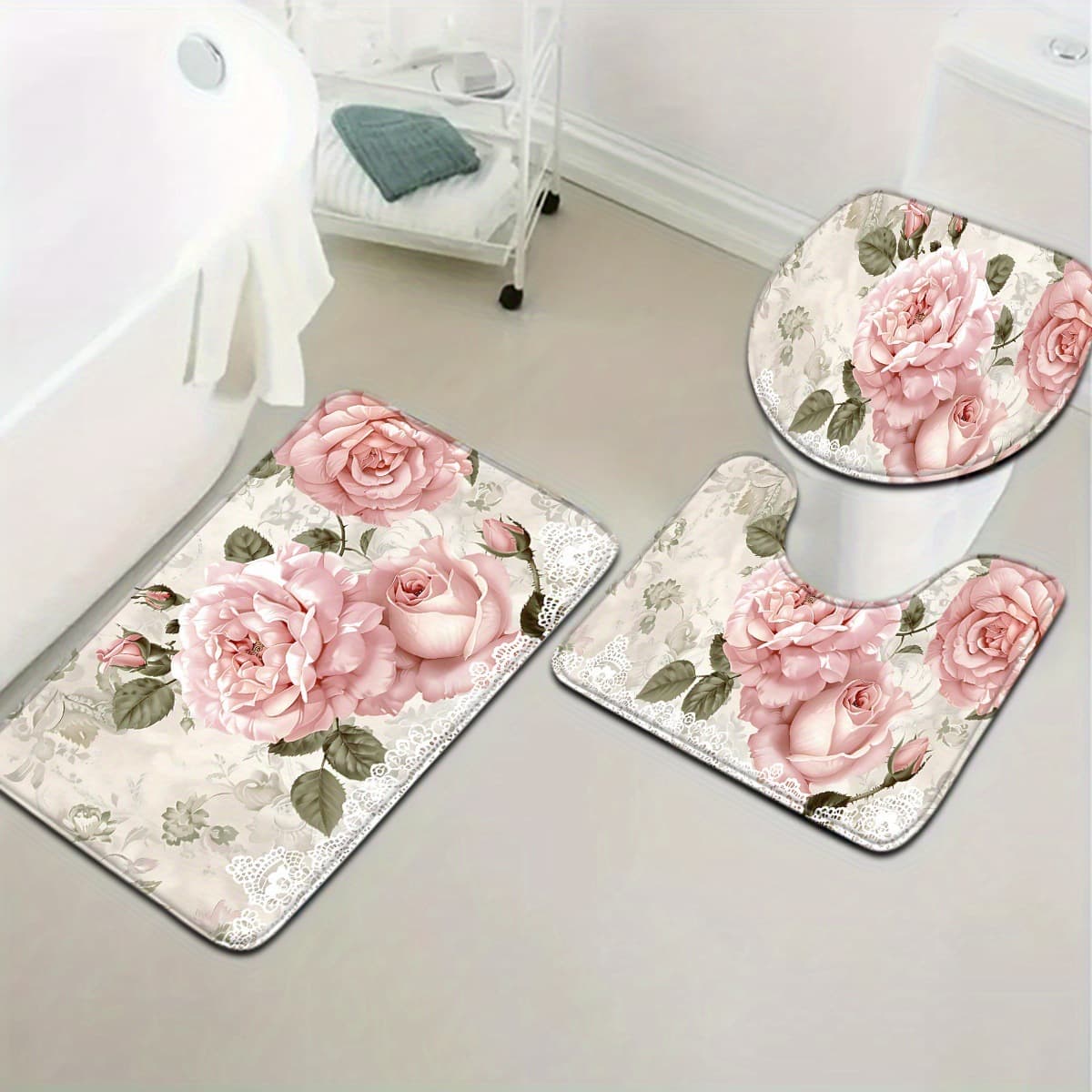 Cross-border American pastoral style flannel floor mat three-piece set with flower floral pattern bathroom floor mat toilet floor mat