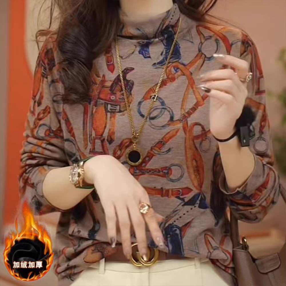 Autumn/Winter Fashion Semi-High Neck Printed Long Sleeve Stylish Belly-Covering Youthful Elegant Warm Top Middle-Aged Mom's Top