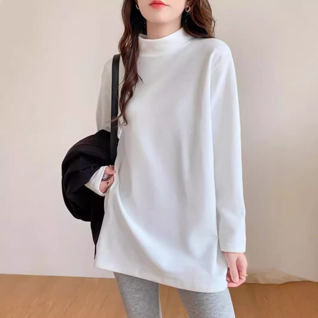 Women's Winter Thick Velvet Fleece Lined Base Layer Top with Mock Neck, Long Sleeve, Mid-Length T-Shirt