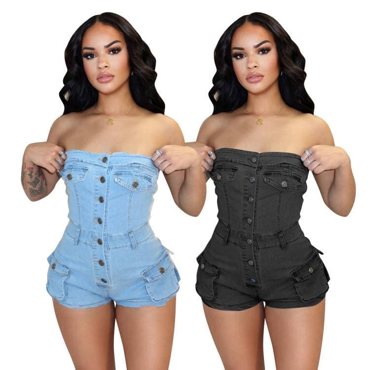 New Summer Denim Jumpsuit F88554 In Stock, Popular on Amazon Cross-Border, Strapless Stretch Short Jumpsuit