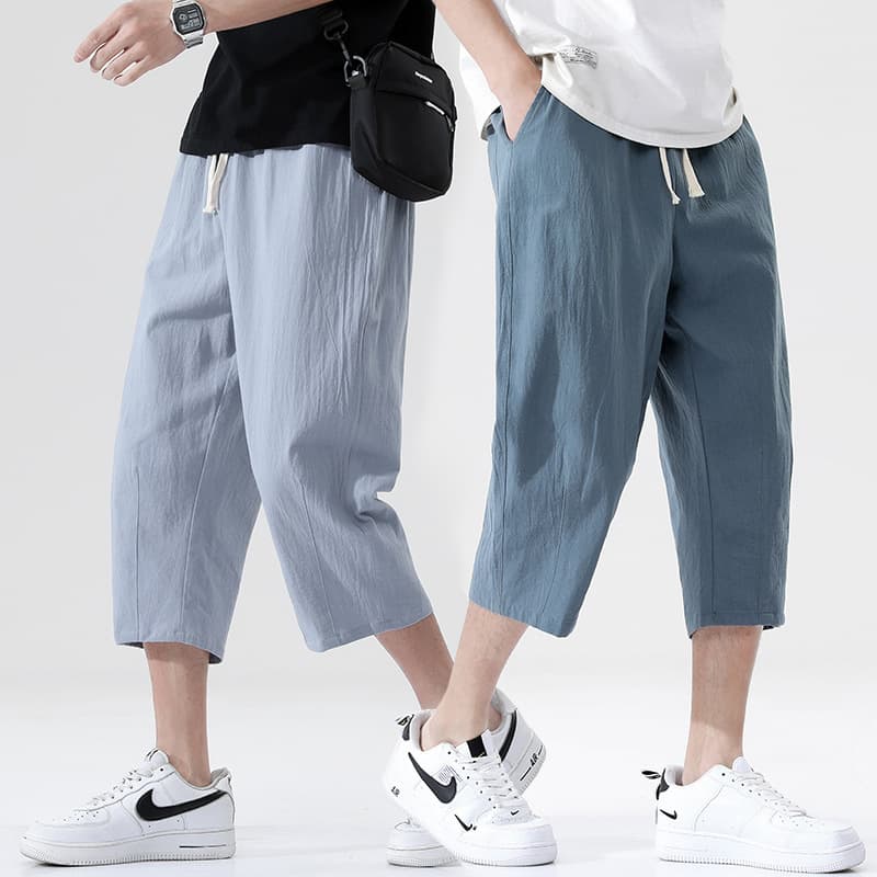 Summer Casual Loose Men's Cotton Linen Pants Pure Color Korean Version Trendy Straight Leg Seven-Foot-Length Leisure Trousers