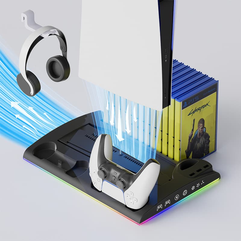 PS5/PS5 Slim Multifunctional Stand Base with Dual Controller Charger and Headphone Storage Rack Accessories