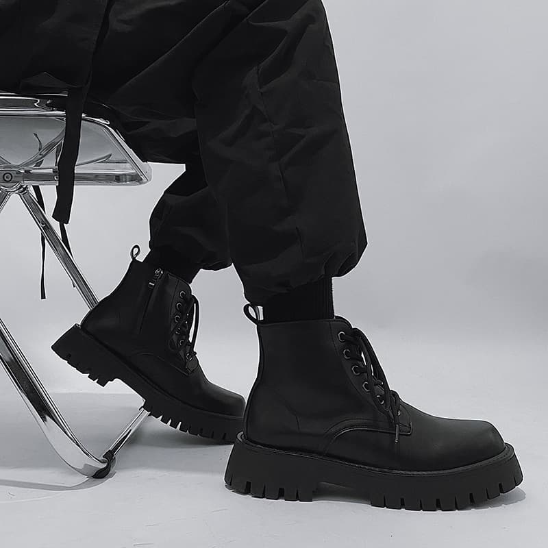 Men's Martin Boots Side Zipper Style Autumn/Winter Fashion Trendy Genuine Leather Mid-Top Ankle Boots Thick-Soled Work Boots High-Top Leather Shoes