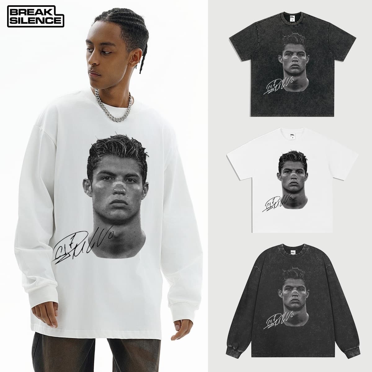 Cristiano Ronaldo American Street Print Heavyweight Short Sleeve T-Shirt Men's Cross-Border Vintage Washed Distressed American Trend Pure Cotton Small Collar Style
