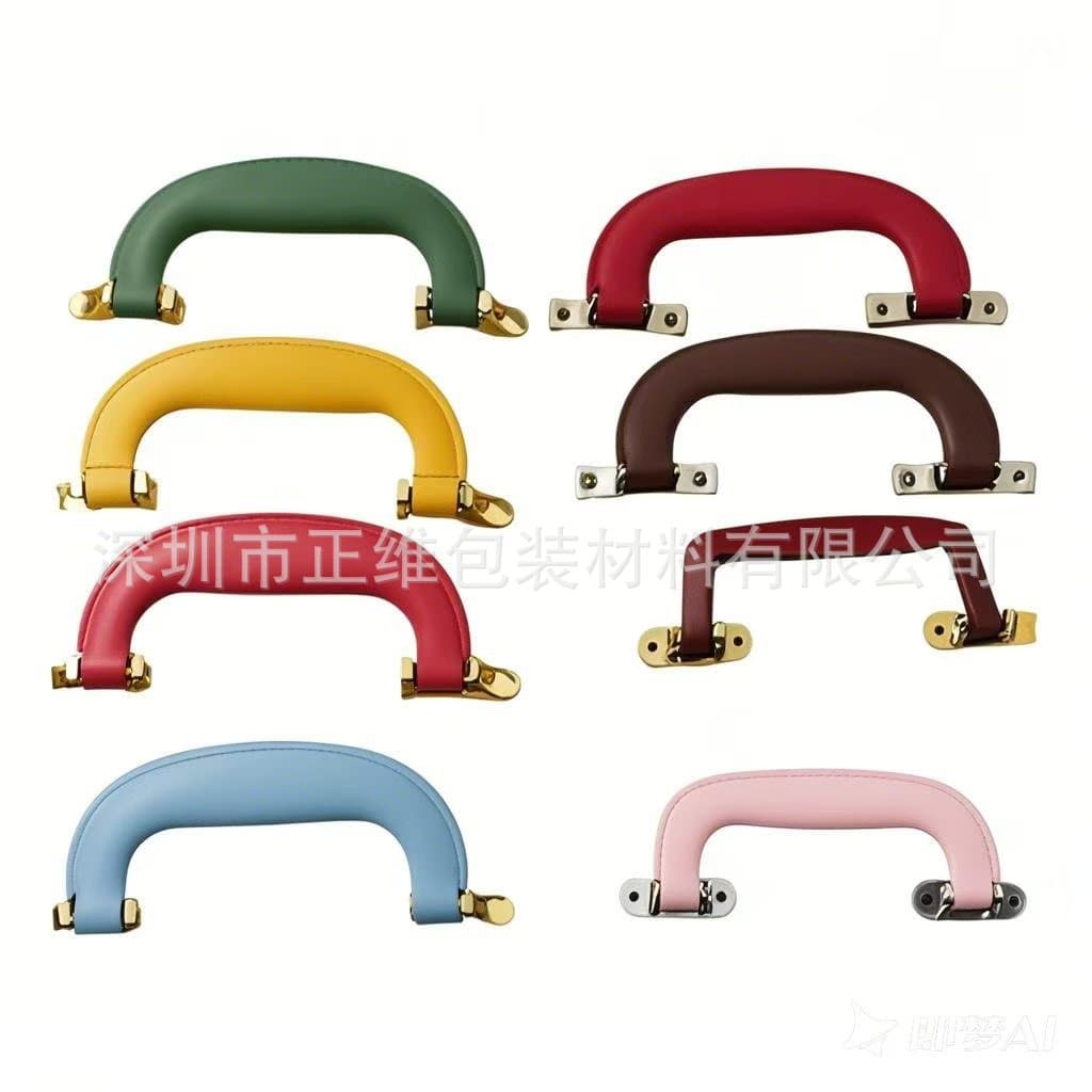 Thin plastic handles, plastic pull handles, plastic box handles, leather box handles, and grips.