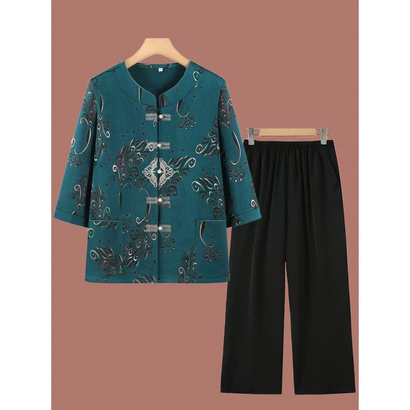Summer Mother's Set: Seven-Sleeve Chinese-Style Shirt for Middle-Aged and Elderly Women, Fashionable Ice Silk Embroidery Loose Two-Piece Set