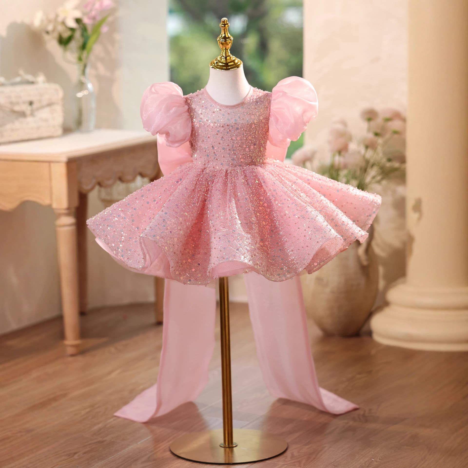 Children's Sequin Dress with Puff Sleeves for Flower Girl Wedding, Little Girl Princess Dress, High-End Performance Outfit for Piano Recital