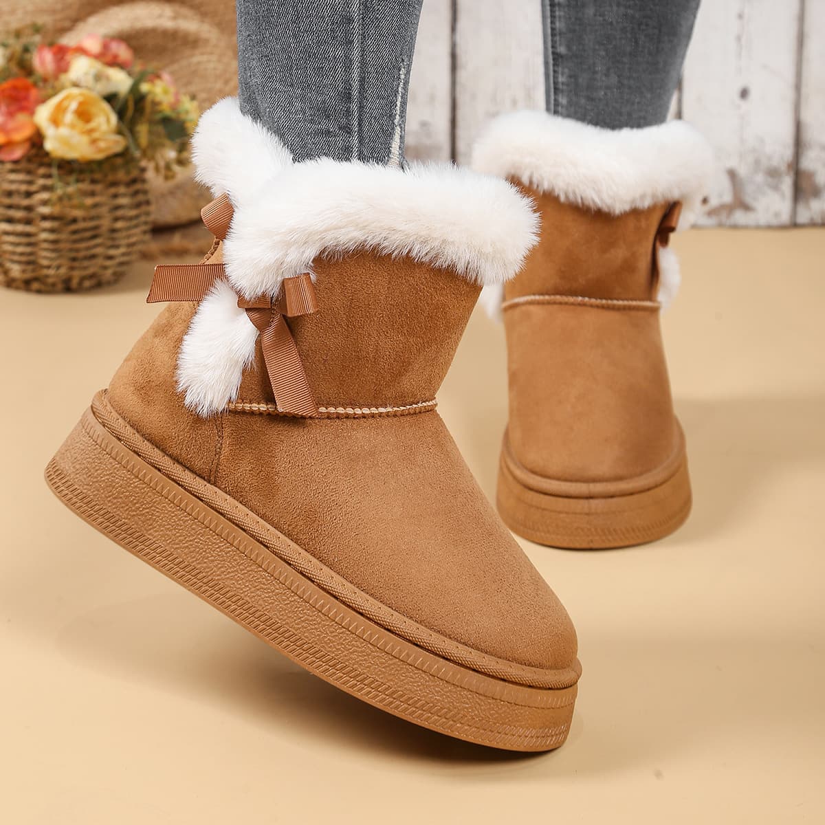 Fleece-Lined Thick Snow Boots Slip-On 2025 Winter New Thick Sole Furry Bow Warm Plus Size Cotton Shoes