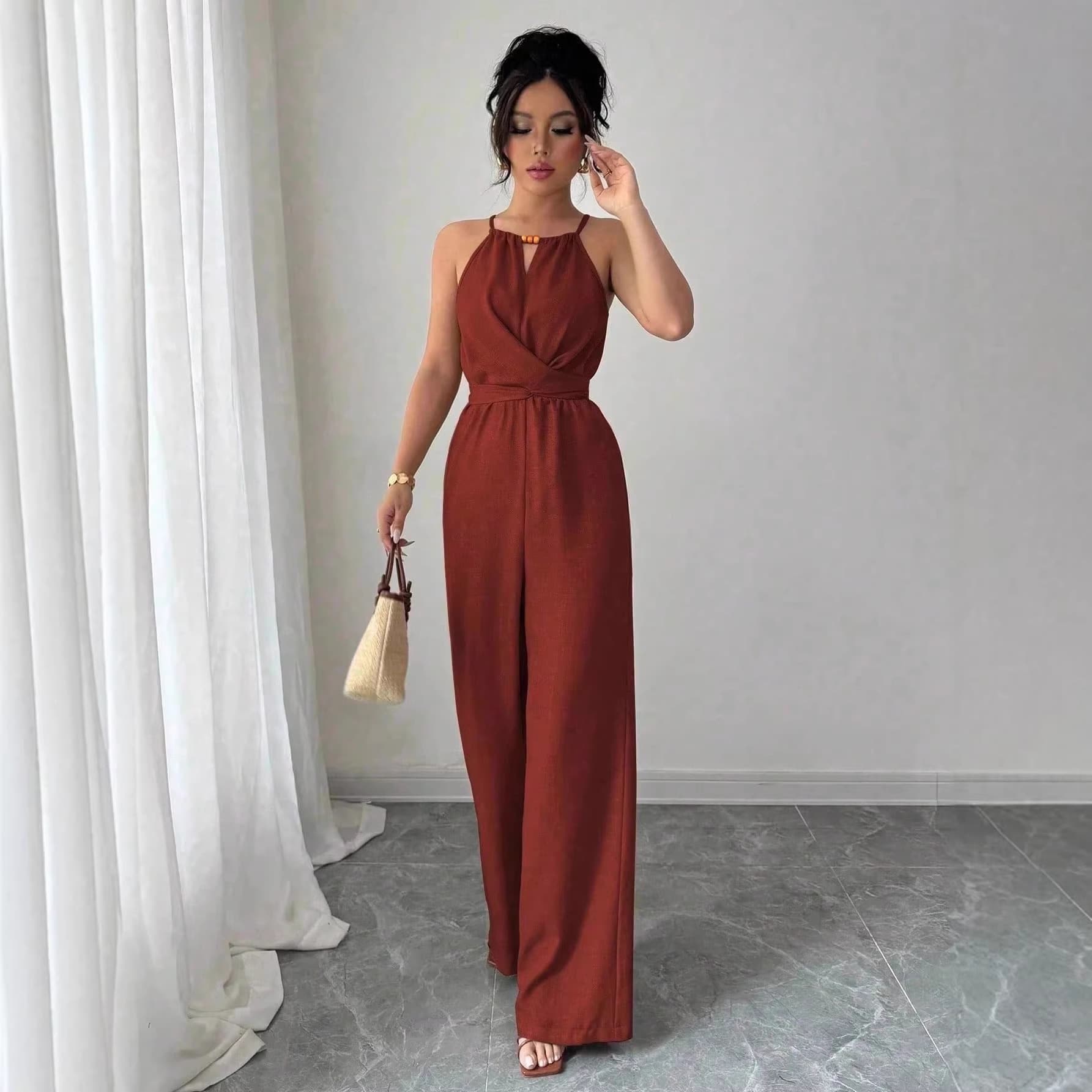2026 Cross-Border European and American Amazon Halter Neck Jumpsuit with Waist-Cinching and Drapey Design, Elegant and Fashionable Workwear Jumpsuit in European and American Style