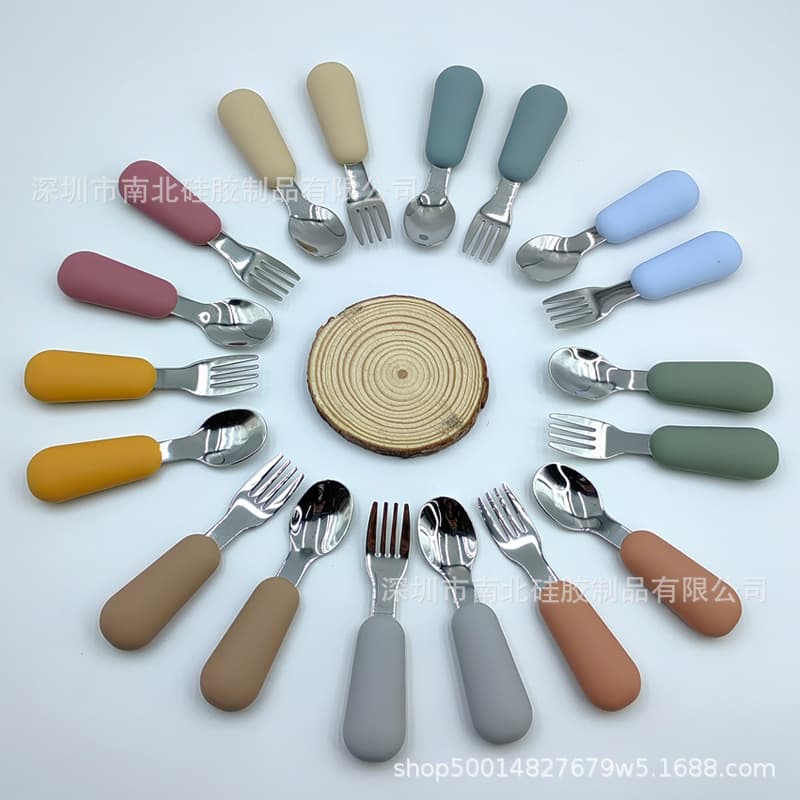 Children's stainless steel spoon and fork set, silicone handle, food supplement spoon and fork, baby training spoon and fork, predatory spoon, maternal and infant feeding