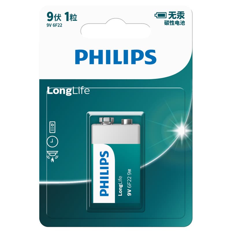 Philips 9V Carbon Zinc Battery 6F22 for Multimeter, Wireless Microphone, Key Scanner