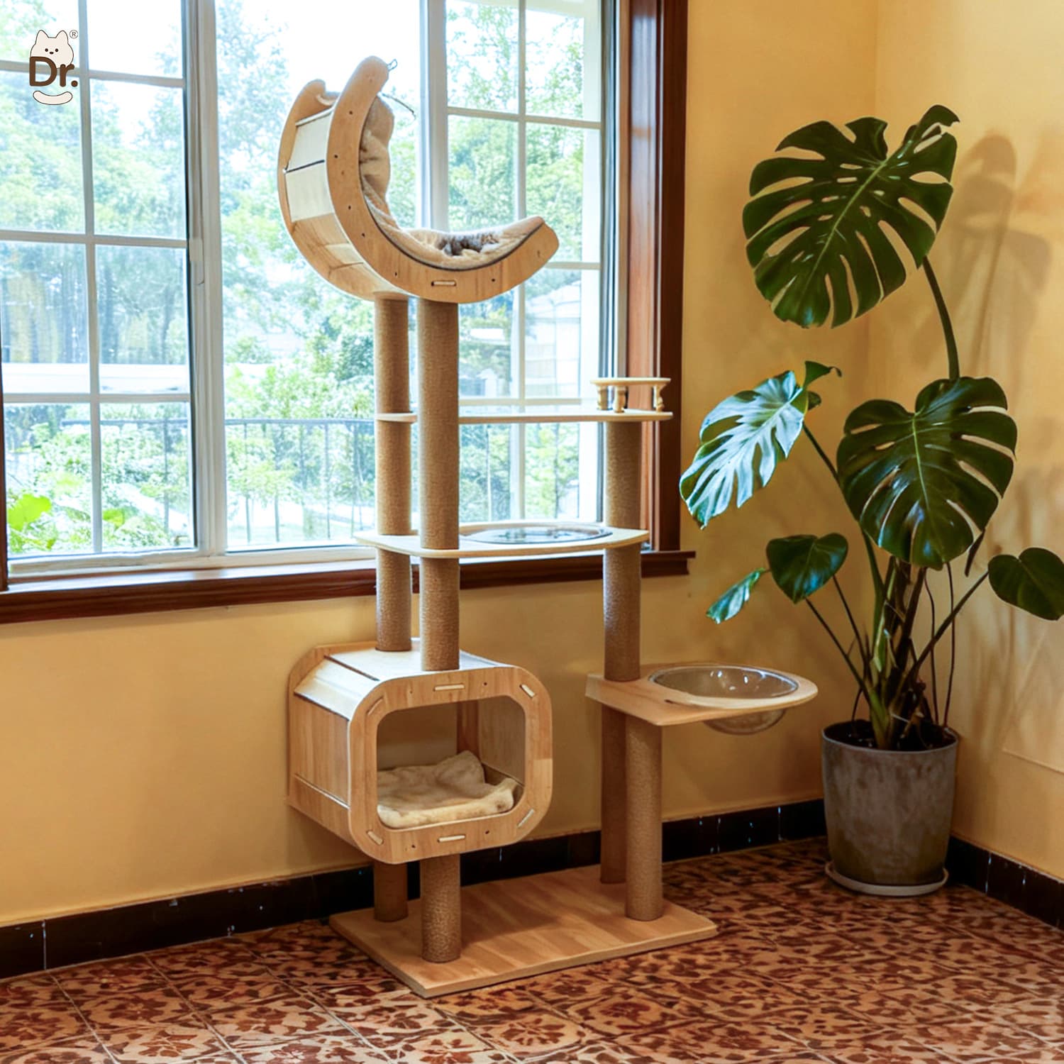 Solid Wood Cat Tree, Cat Condo, and Cat Tower Integrated Large Luxury Cat Villa with Space Capsule, Small Footprint