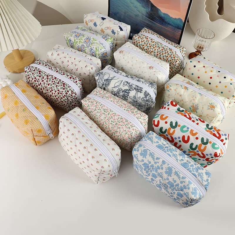 Cotton Floral Quilted Lipstick Storage Bag Women's Cosmetic Organizer Pouch for Earphones, Cables, Makeup, and Wallet
