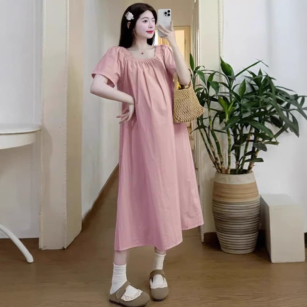 Maternity Dress Summer 2025 New Fashion Plus Size Loose Square Neck Pink Long Dress Early Pregnancy Outfit