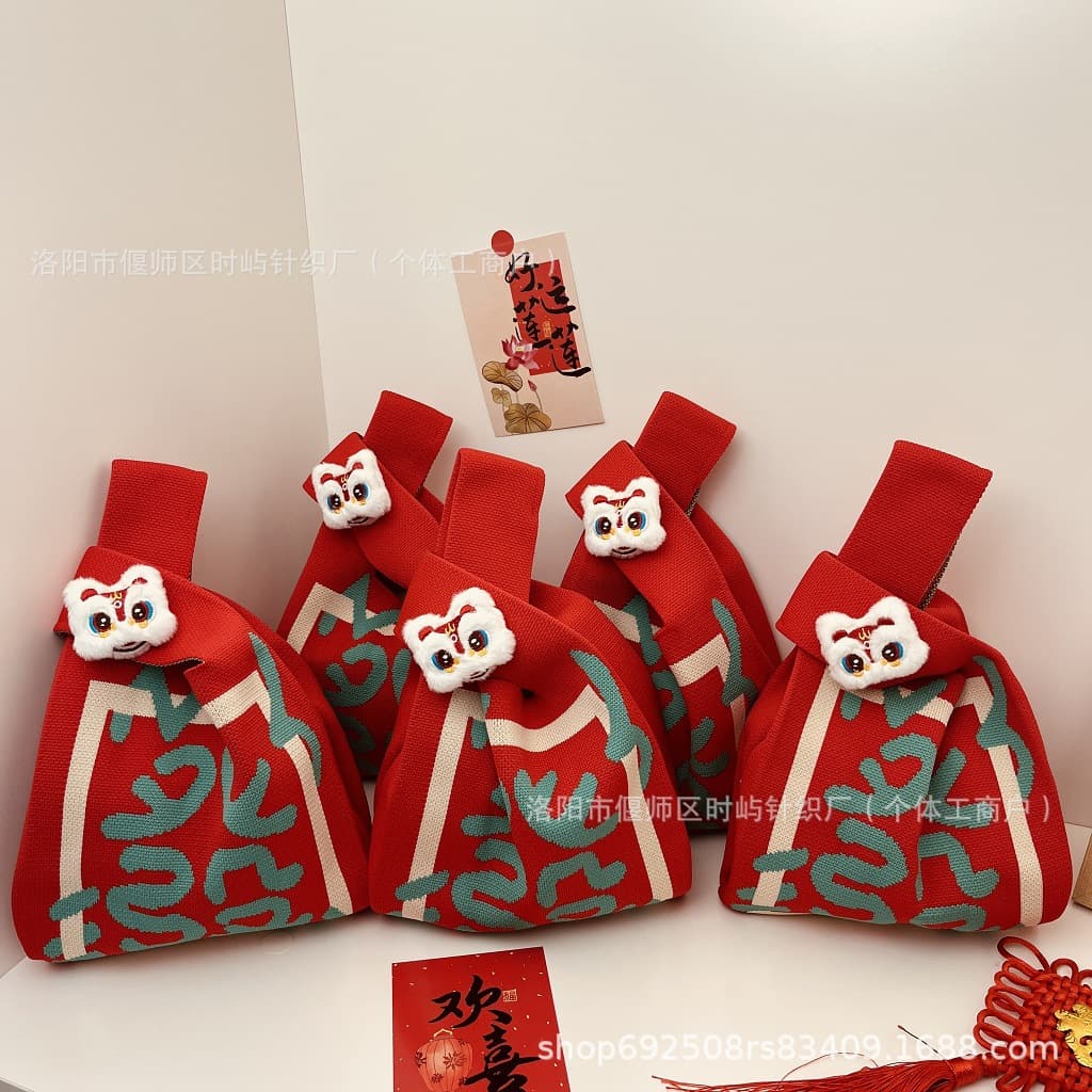 Hot-selling festive gift box packaging tote bag, Chinese-style souvenir New Year knitted handbag, company annual meeting gift