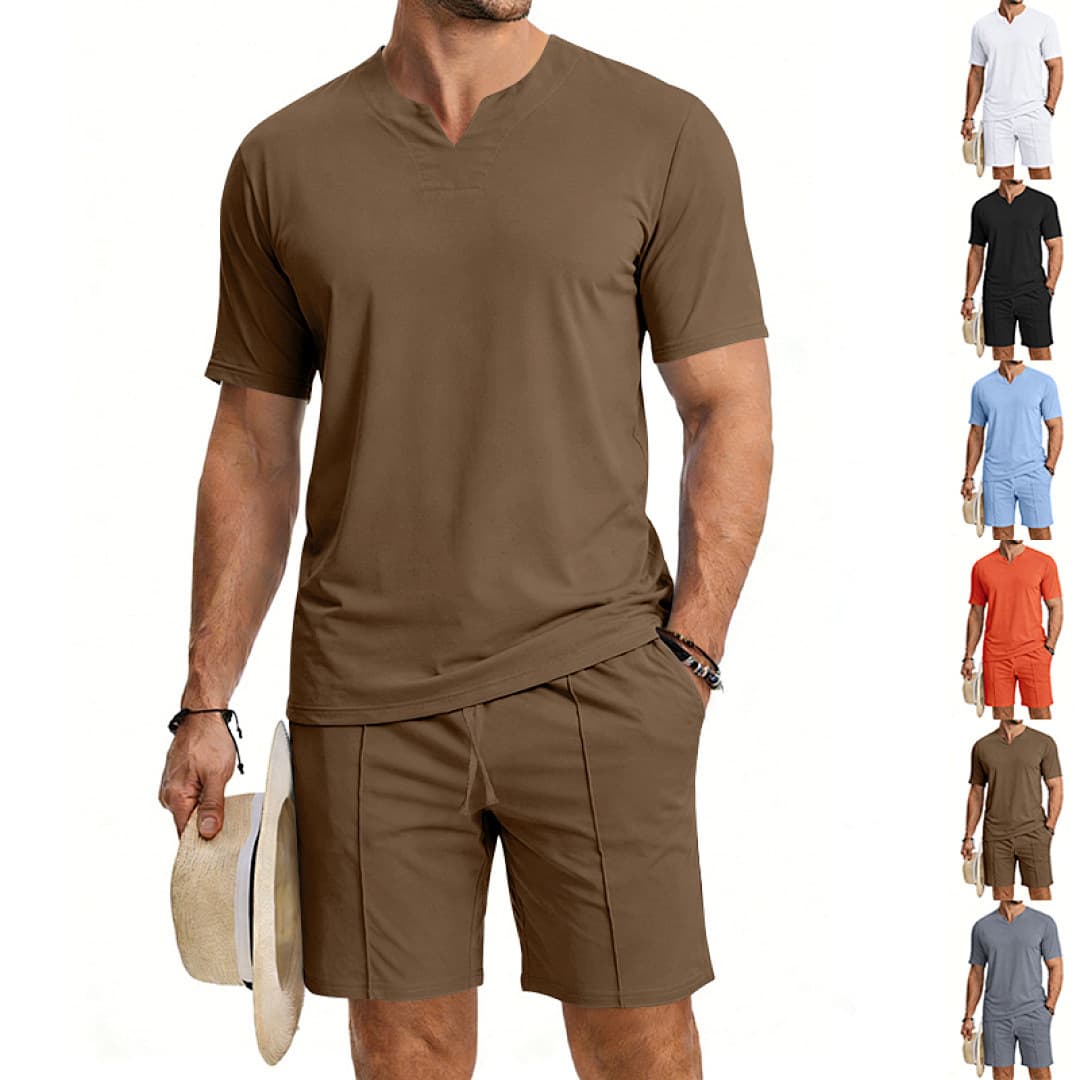 Cross-Border Summer Men's British Gentleman V-Neck Jersey Quick-Dry Skin-Friendly Loose Short-Sleeve T-Shirt and Shorts Set