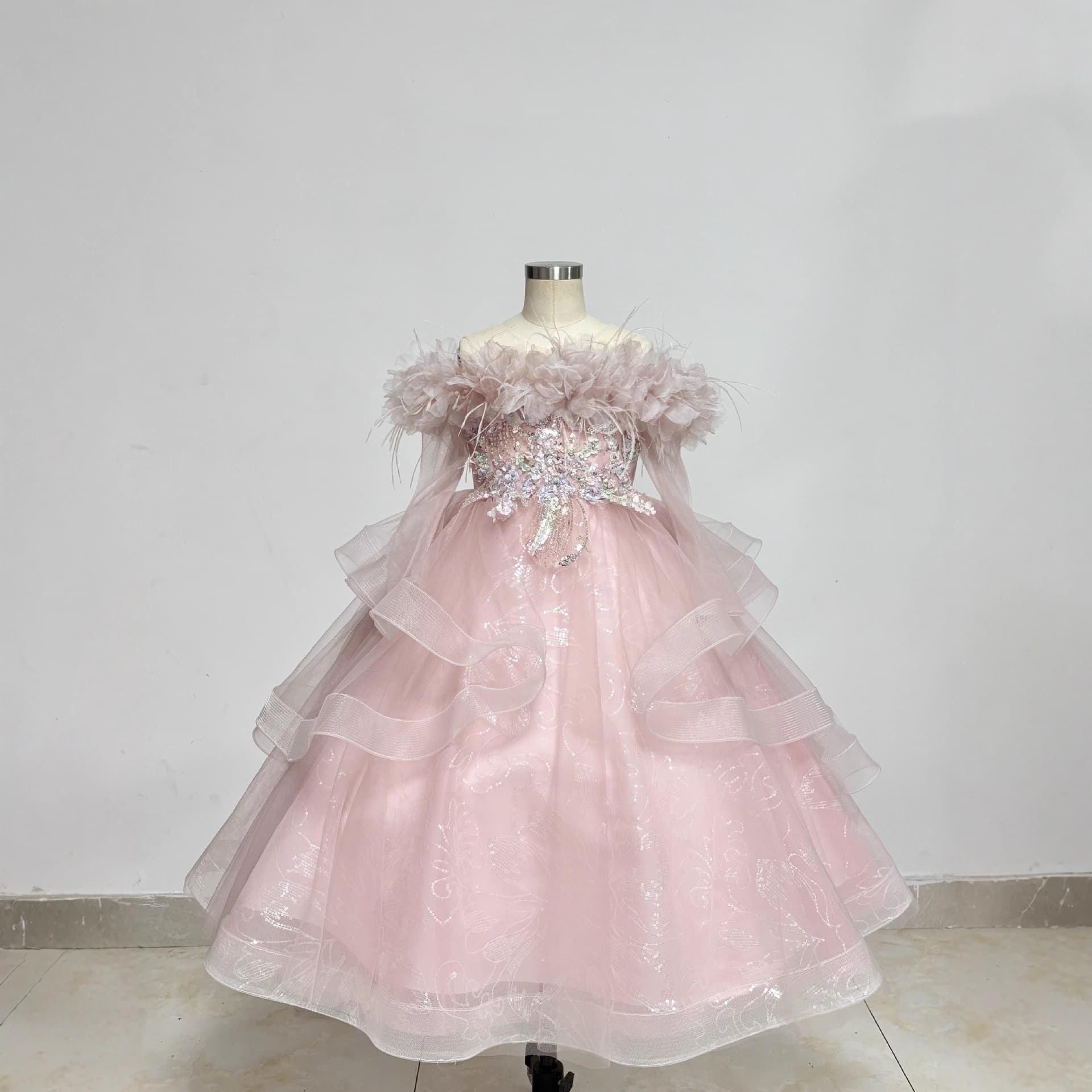 Girls Formal Dress Pink High-End Host Flower Girl Birthday Princess Dress Children Piano Performance Costume