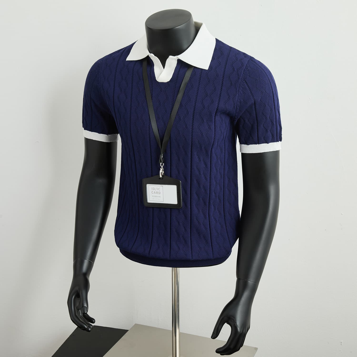 Summer Old Money Color Block Light Mature Trendy Men's Polo Shirt V-Turn Collar Stretch Jacquard Texture Knit Short Sleeve T-Shirt