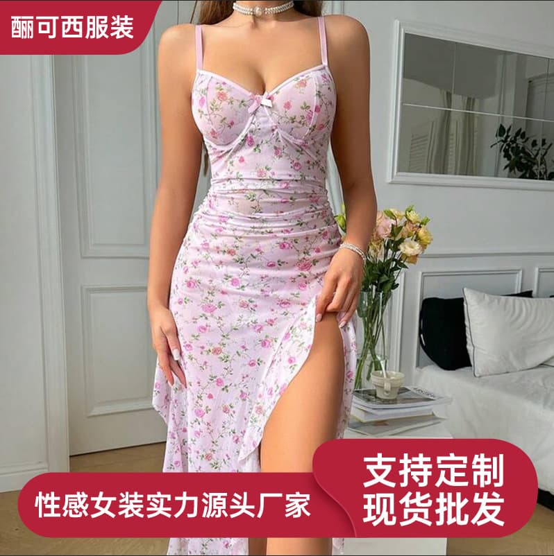 New Cross-Border Trade Mesh Strap Floral Dress Sexy Sleepwear Nightgown + Thong Loungewear Set