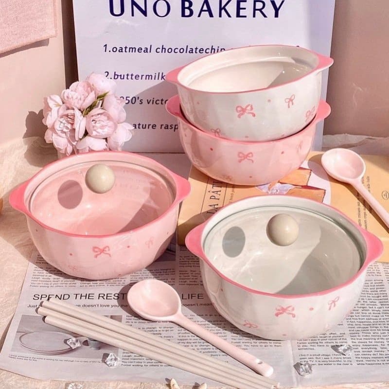 Super Cute New Instant Noodle Bowl with Bowknot, High Aesthetic Ceramic Bowl, Heat-Resistant with Lid, Girly Snail Noodle Bowl