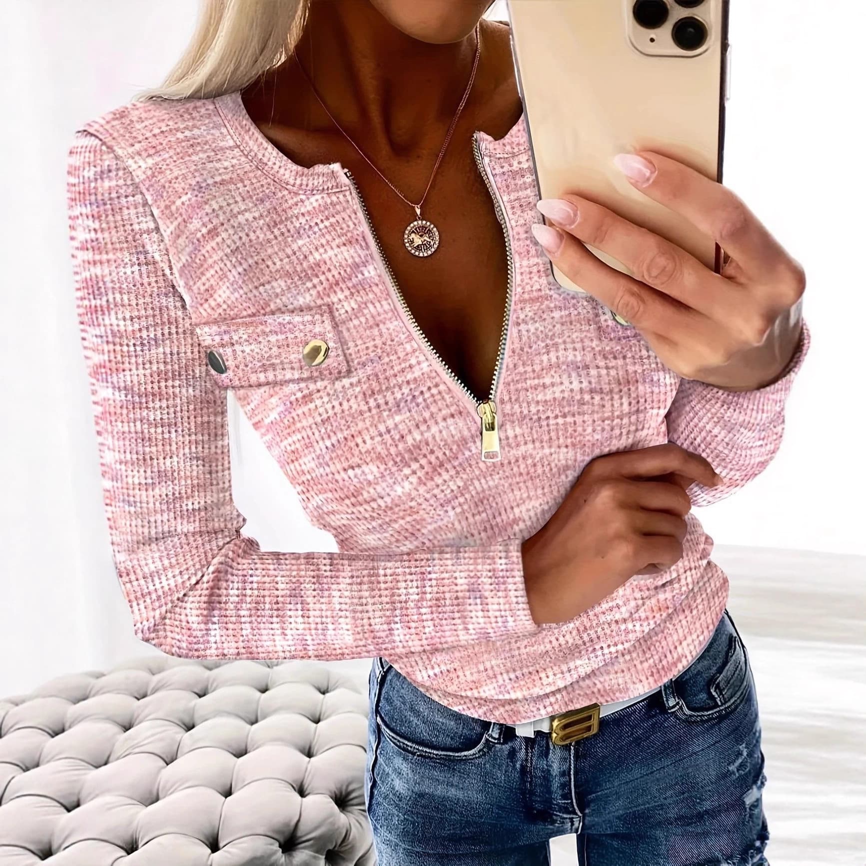 2025 European and American Elegant Autumn/Winter Zipper Long-Sleeve Women's Casual T-Shirt
