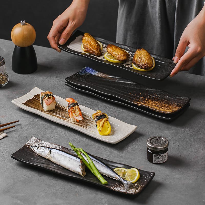 North District Ceramic Long Plate Sushi Plate Sashimi Plate Dim Sum Plate Restaurant Platter Flat Plate Premium Stone Grain Plate Restaurant Supplies