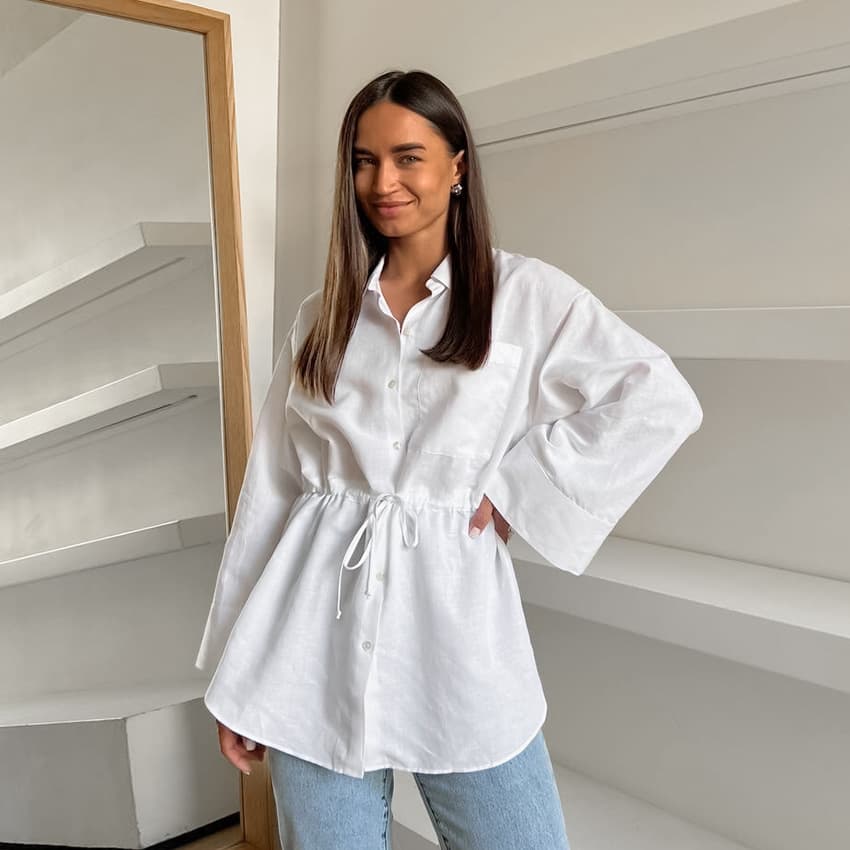 European and American Spring/Summer Fashion Minimalist Design White Cotton Linen Loose Turn-Down Collar Tie Women's Shirt, Niche and Versatile