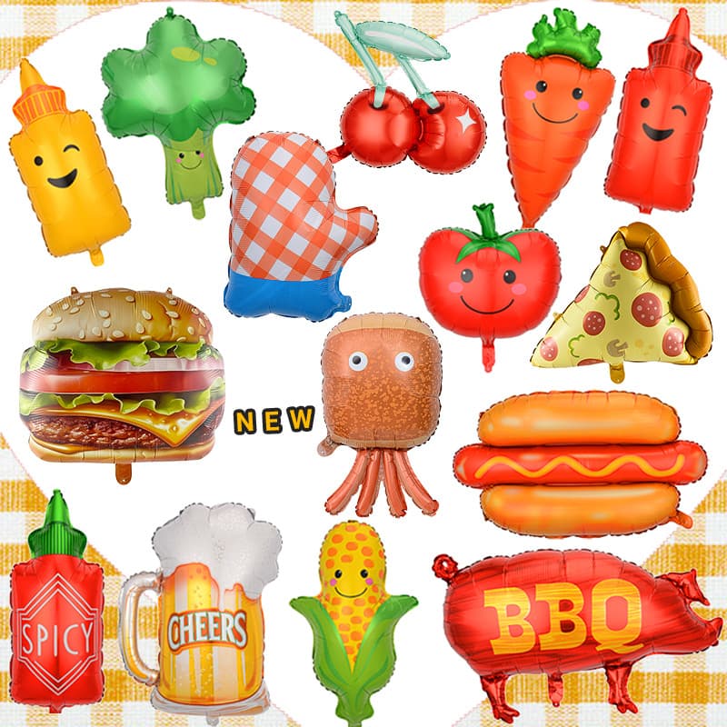 BBQ Pig Balloon Summer Outdoor BBQ Party Balloon Beer Vegetable Themed Aluminum Film Balloon Set Sauce Bottle