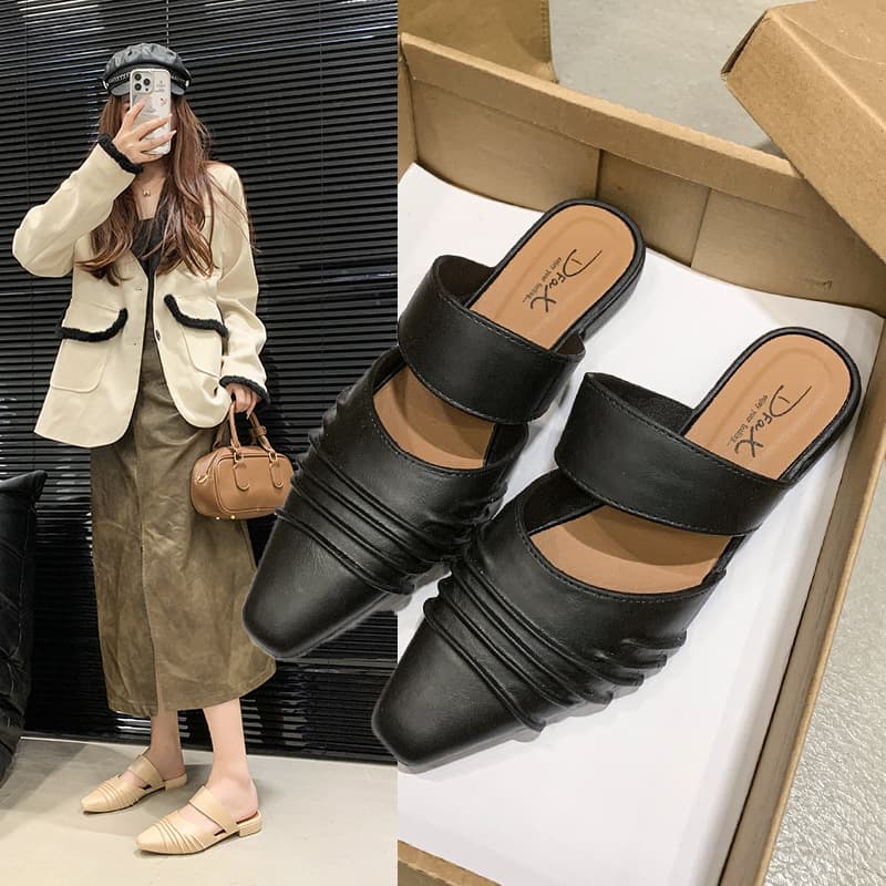 French Style Gentle Pointed Shoes Elegant Baotou Half Slippers Women's Outer Wear Lazy One-Step Mueller Shoes Heel-Free Shoes