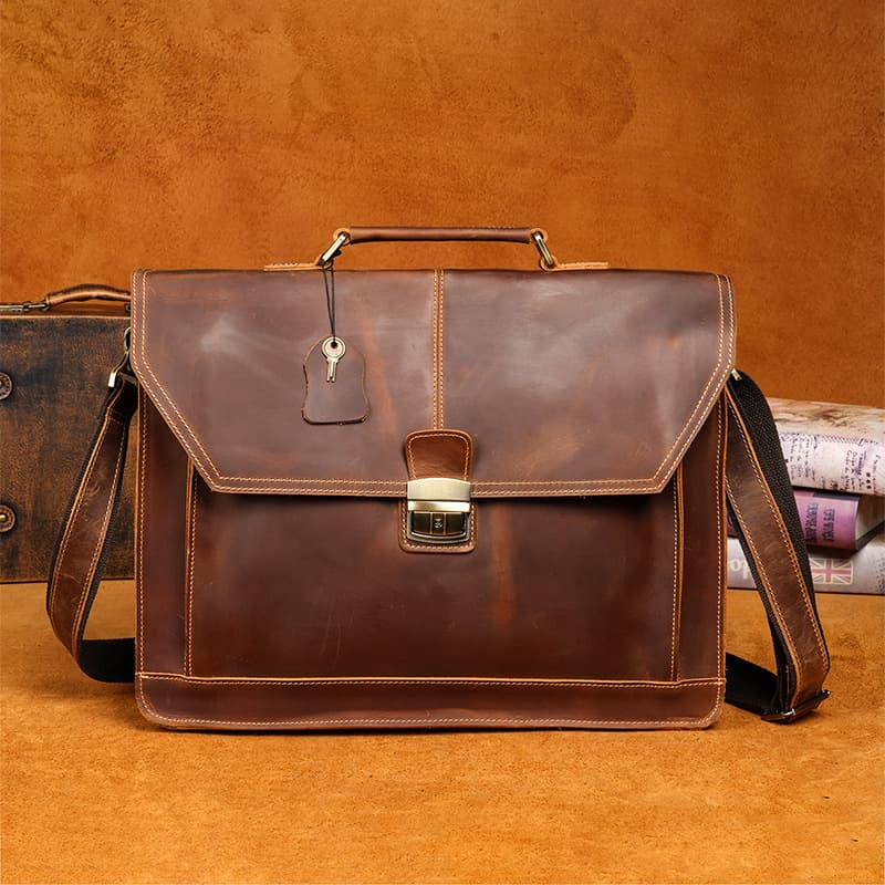 Large capacity vintage leather briefcase, computer bag, commuter crossbody bag, top grain cowhide men's bag, cross-border wholesale
