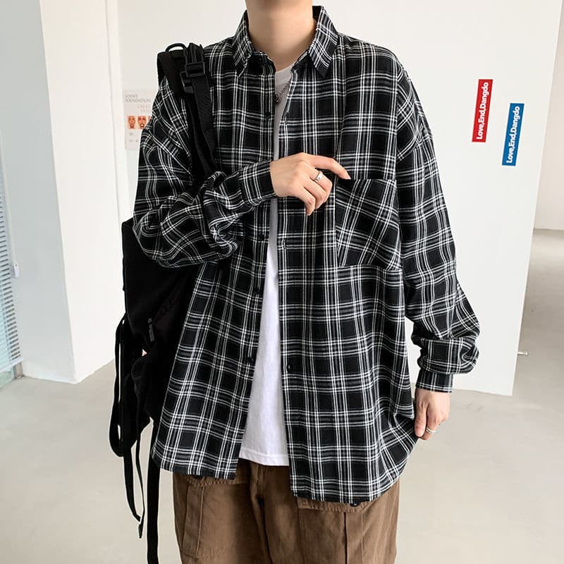 Men's Plaid Shirt Retro Ins Hong Kong Style Loose Long Sleeve Korean Version Jacket Youth Student Versatile Shirt