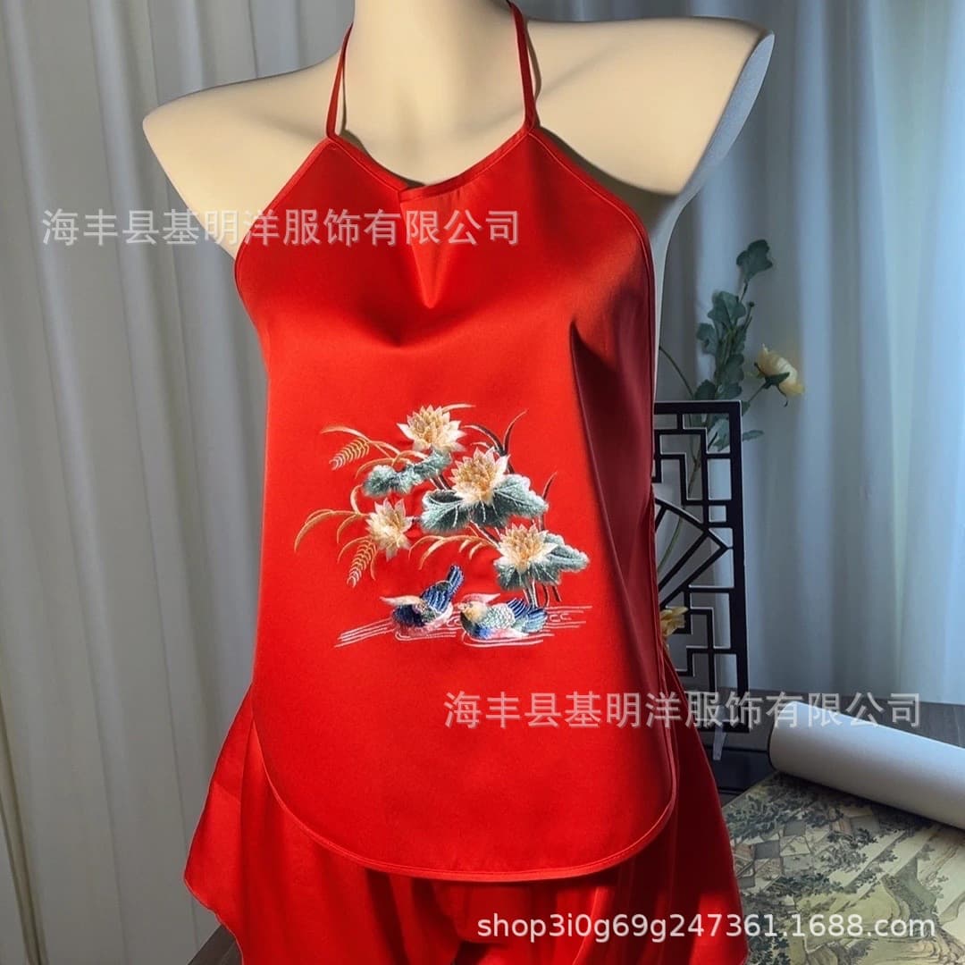 Suzhou Embroidery Handmade Pajama Set Ancient Retro Underwear Spring Summer High-End Slimming Versatile Two-Piece Women's