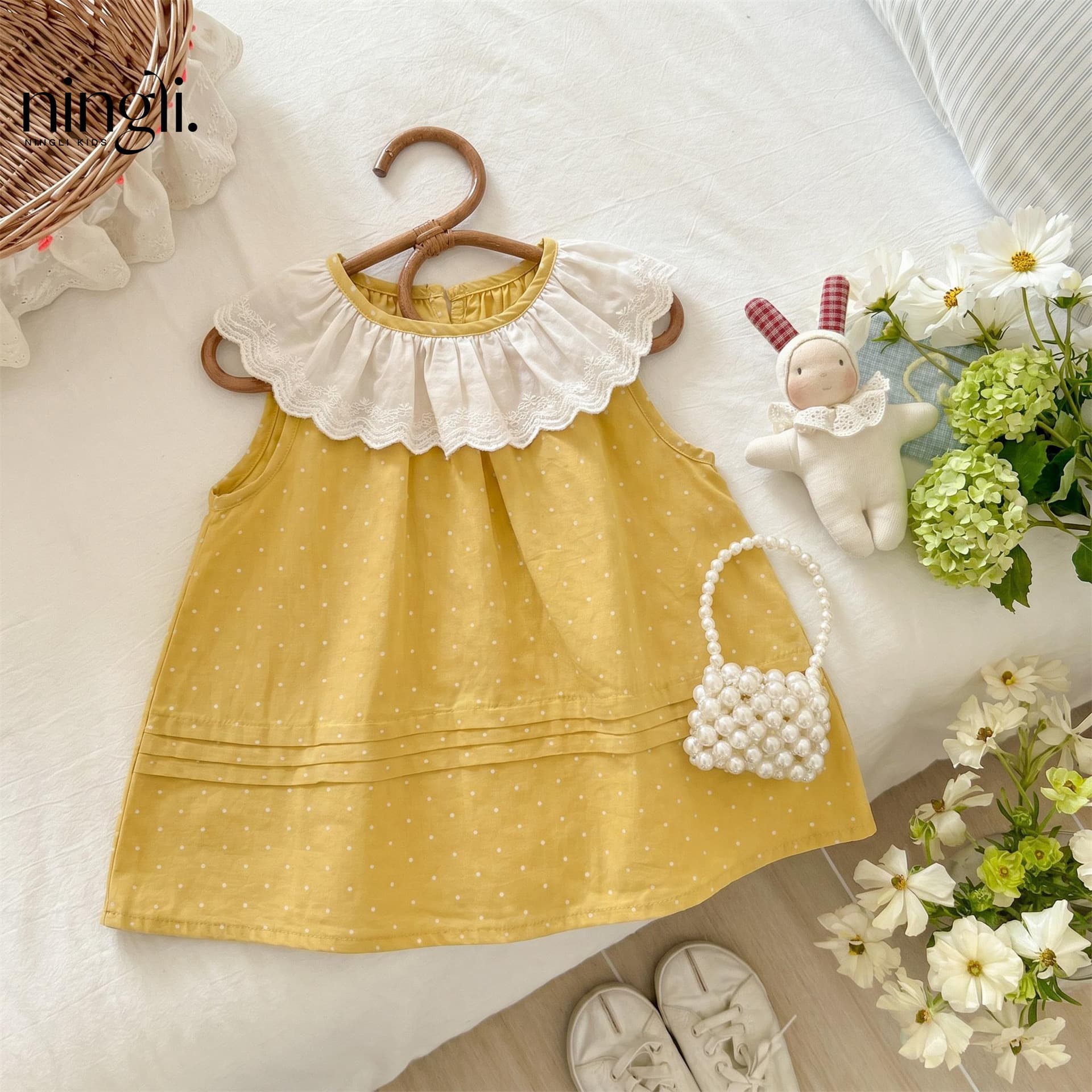 Ningli Baby Girls Soft Adorable Light Yellow Polka Dot Lace Collar Korean Style Cotton Cool Dress Toddler Dress