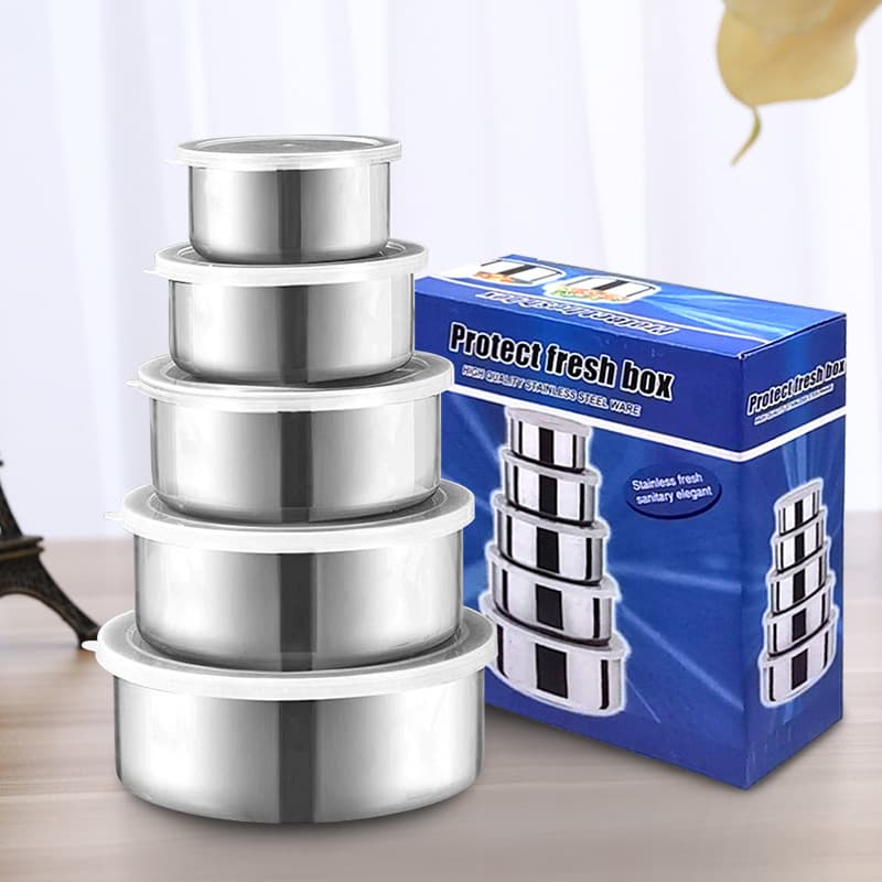 Cross-border Stainless Steel Round Lunch Box Refrigerator Crisper Set, Five-Piece Fresh-Keeping Bowl Sealed Jar Lunch Box