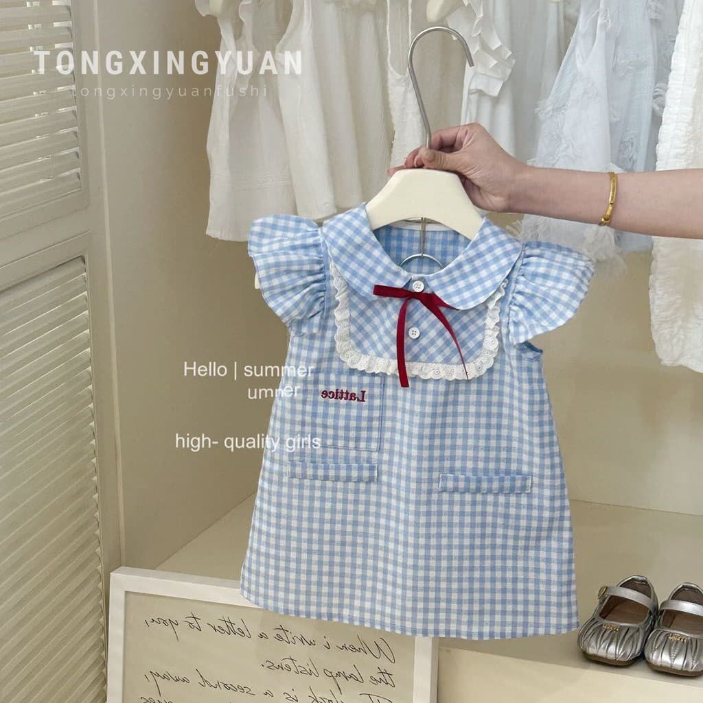 Tong Xingyuan 2025 Girls' College Style Blue Plaid Flying Sleeve Dress Baby Summer Korean Lace Doll Dress