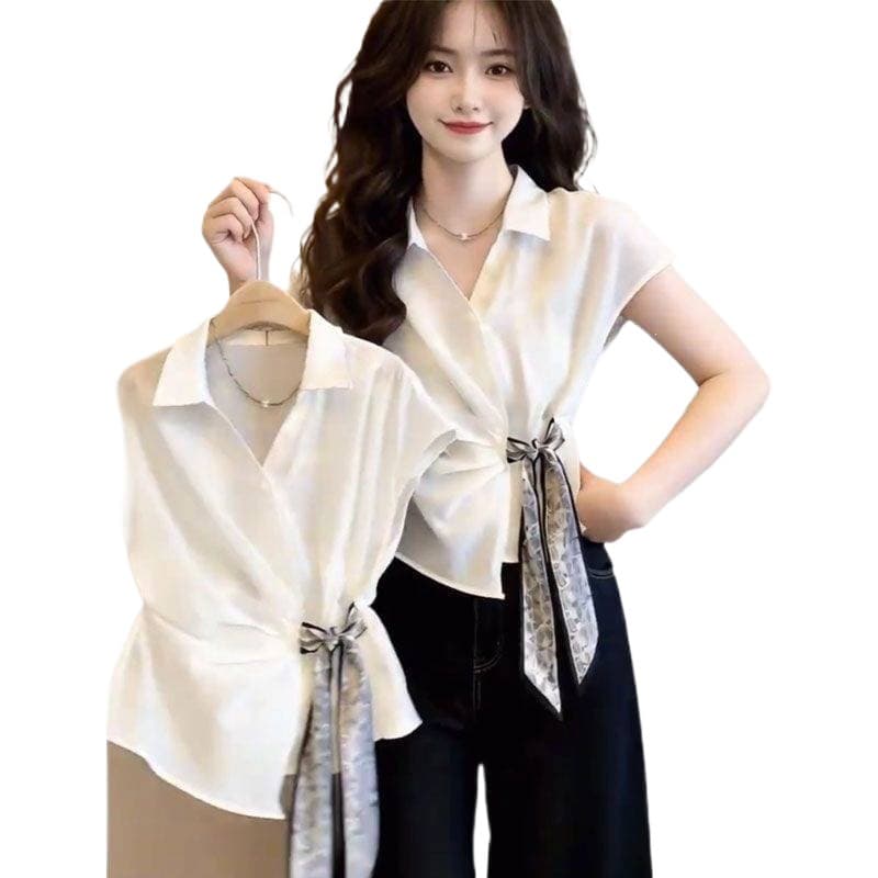 French White Notch Lapel Short Sleeve Blouse for Women Summer Design Scarf Tie Waist Elegant Chic Top