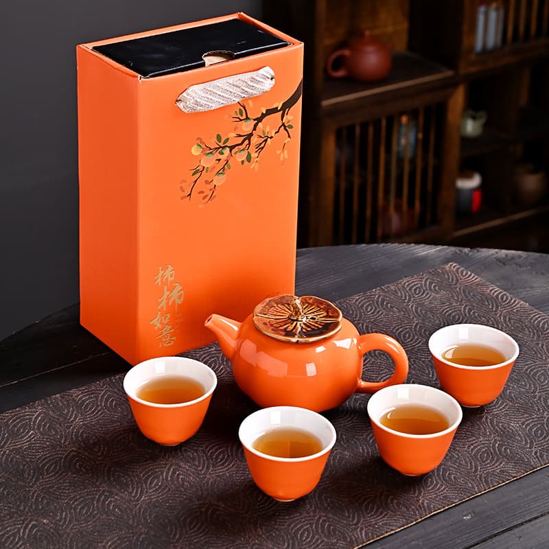Persimmon Kung Fu Tea Set with One Pot and Four Cups, Portable Gift Box Set, Affordable Bulk for Clients or Gifting, Two Cups Included