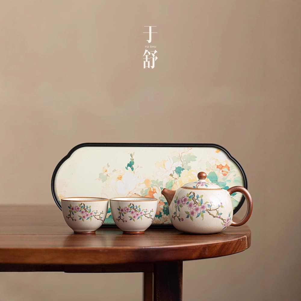 Pink Peach Blossom Ru Kiln Teapot Premium Ceramic Tea Pot for Home Use One Pot Two Cups Portable Storage Bag Kung Fu Tea Set