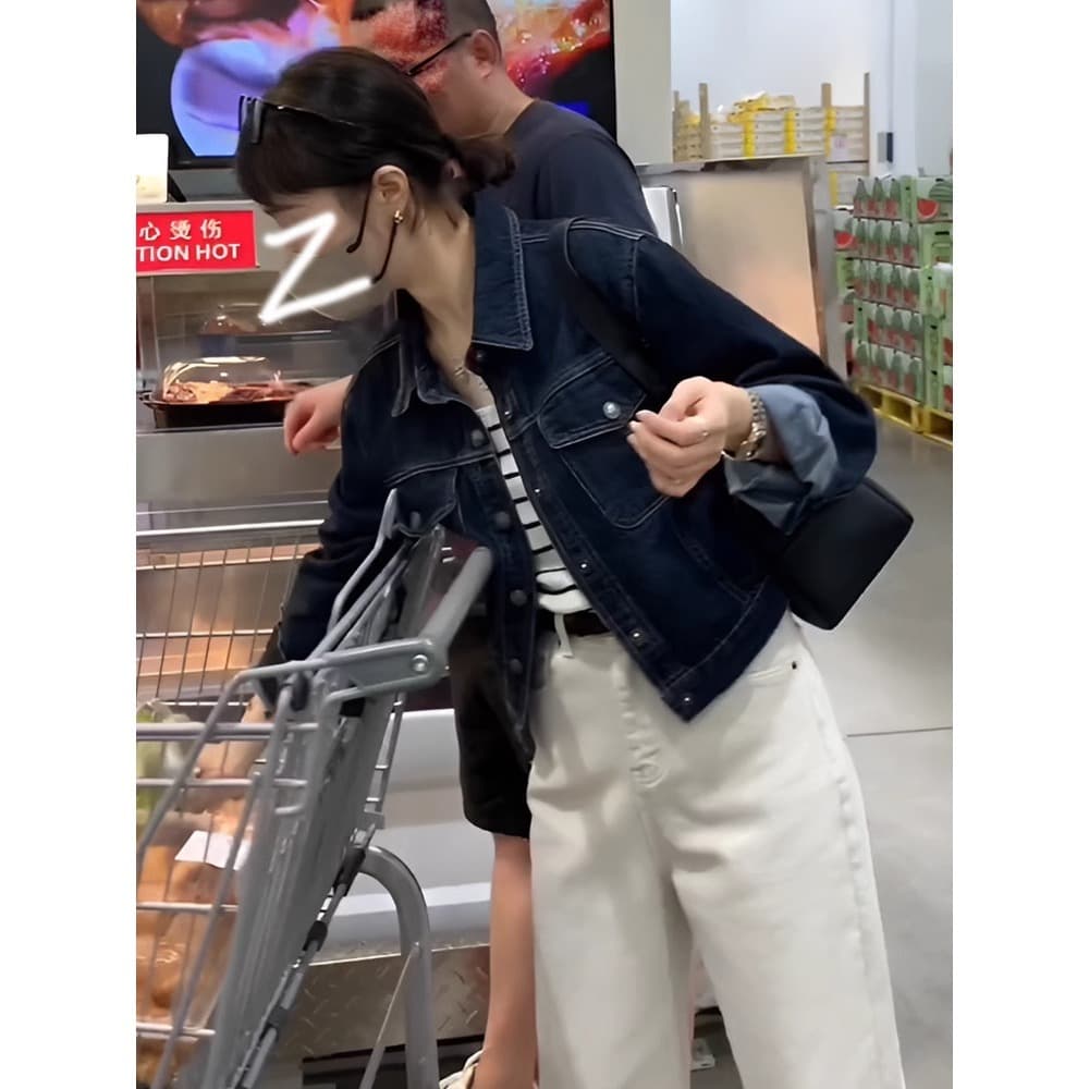 Korean Retro Dark Blue Denim Jacket Women Autumn Winter 2025 Loose Short Casual Coat Top A2951