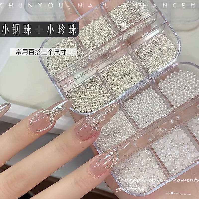 Nail Art Decoration Half Round Full Round High Gloss Pearl Rhinestone Silver Mini Steel Beads Versatile Mixed Pack Nail Accessories
