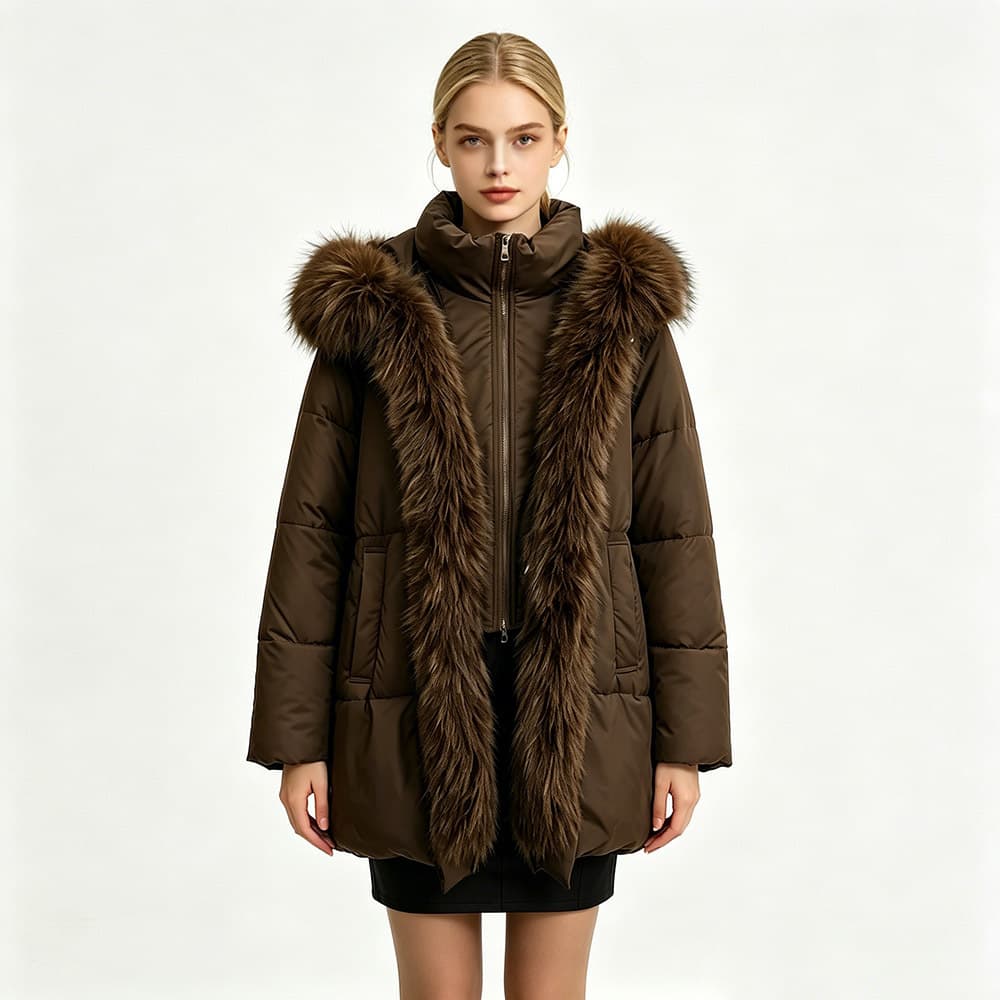 Faux Fur Coat for Women with Detachable Hood Trim, Mid-Length Waist-Tied Thickened Winter Warm Cotton Coat Eco-Friendly Faux Fur