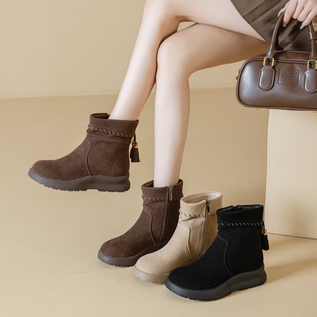 Autumn/Winter New Retro Boots Women Short Boots Brown Western Fringe Boots British Style Madden Martin Boots Stacked Boots